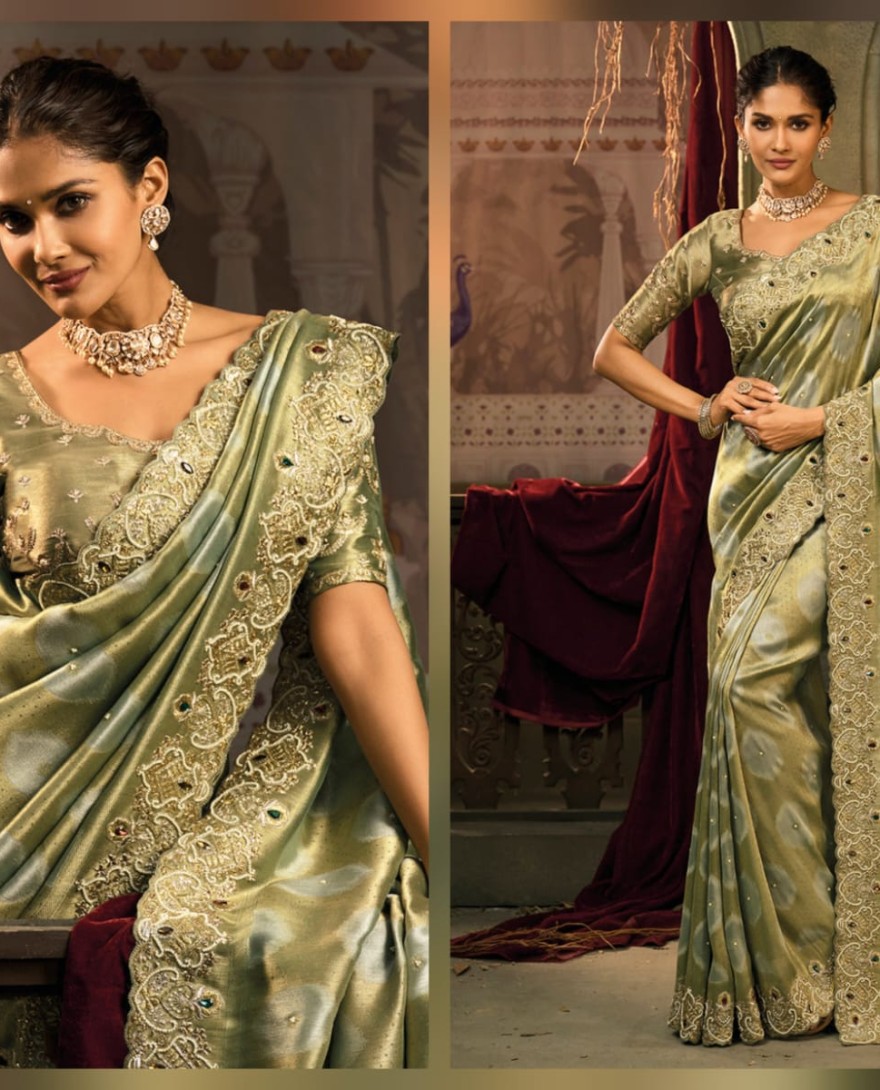 GREEN - Olive Green Designer Embroidered Silk Saree with Heavy Border